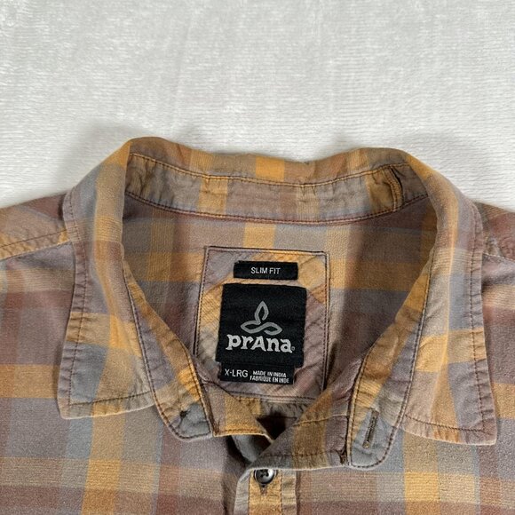 Prana Shirt Men Size XL Brown Plaid Short Sleeve Slim Fit Single Pocket EUC - Picture 5 of 8